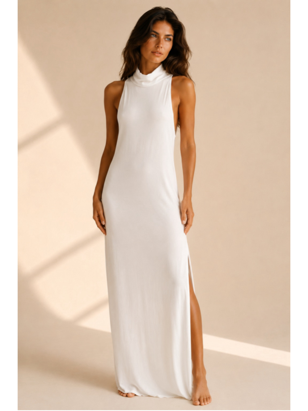 Saint Mojavi Maxi Dress White Sleeveless Mock Neck Slit Minimalist Resort S Chic